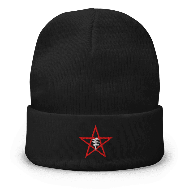 Black LVX Beanie with a red and white emblem on the cuff
