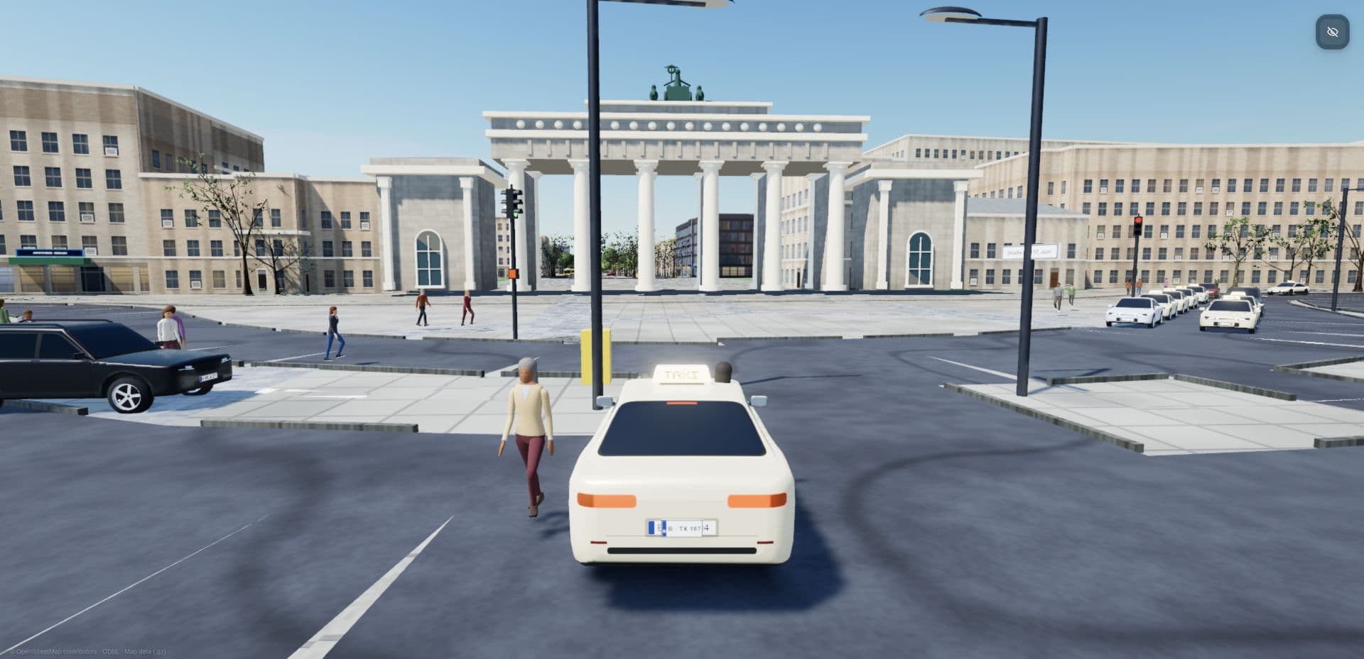 Berlin Driving Simulator running in the browser, with mapped Berlin streets and procedural architecture