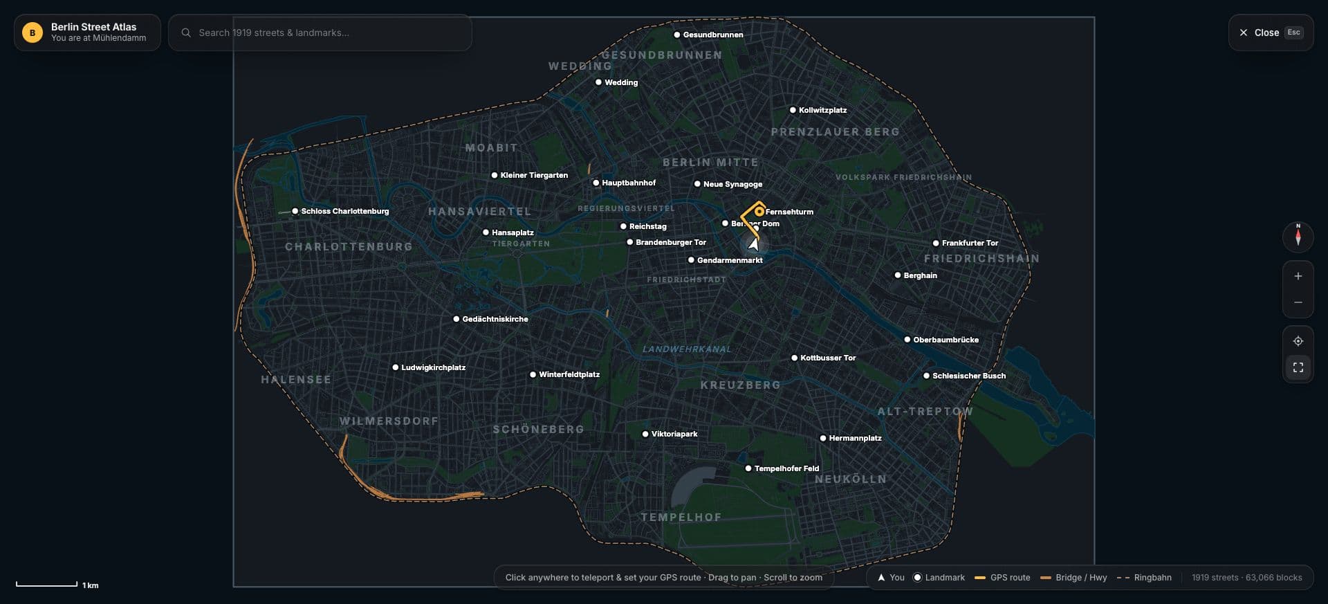 The in-game map showing the Ringbahn boundary, Berlin neighbourhoods and teleport destinations
